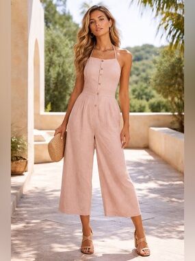 Etophe Studios Linen Blend Halter Wide Leg Jumpsuit Blush Pink Size S
